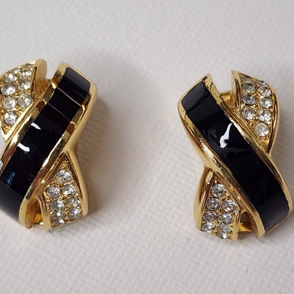 Christian Dior Vintage. clip on earrings, black enamel, glass crystals gold tone